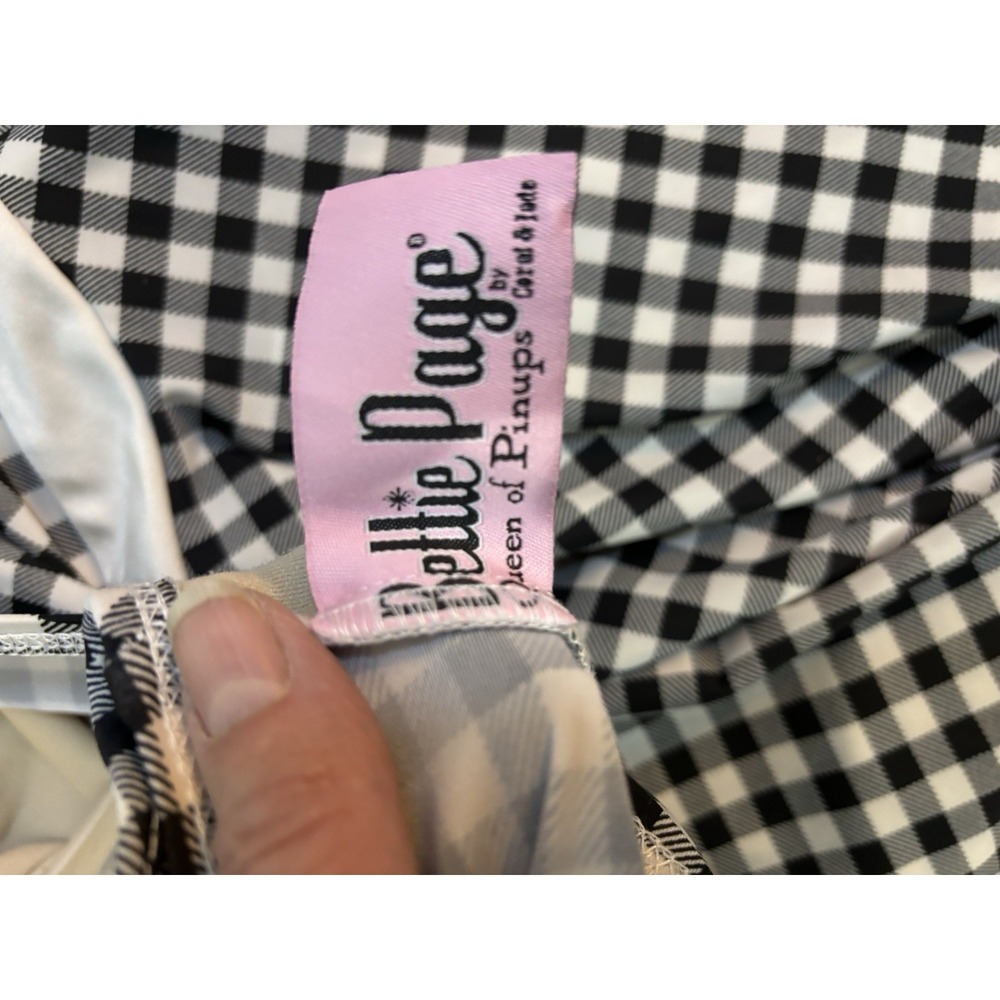 BETTIE PAGE Coral & Jade Black Gingham Skirt One Piece Swimsuit 16 Pin Up - Picture 4 of 6
